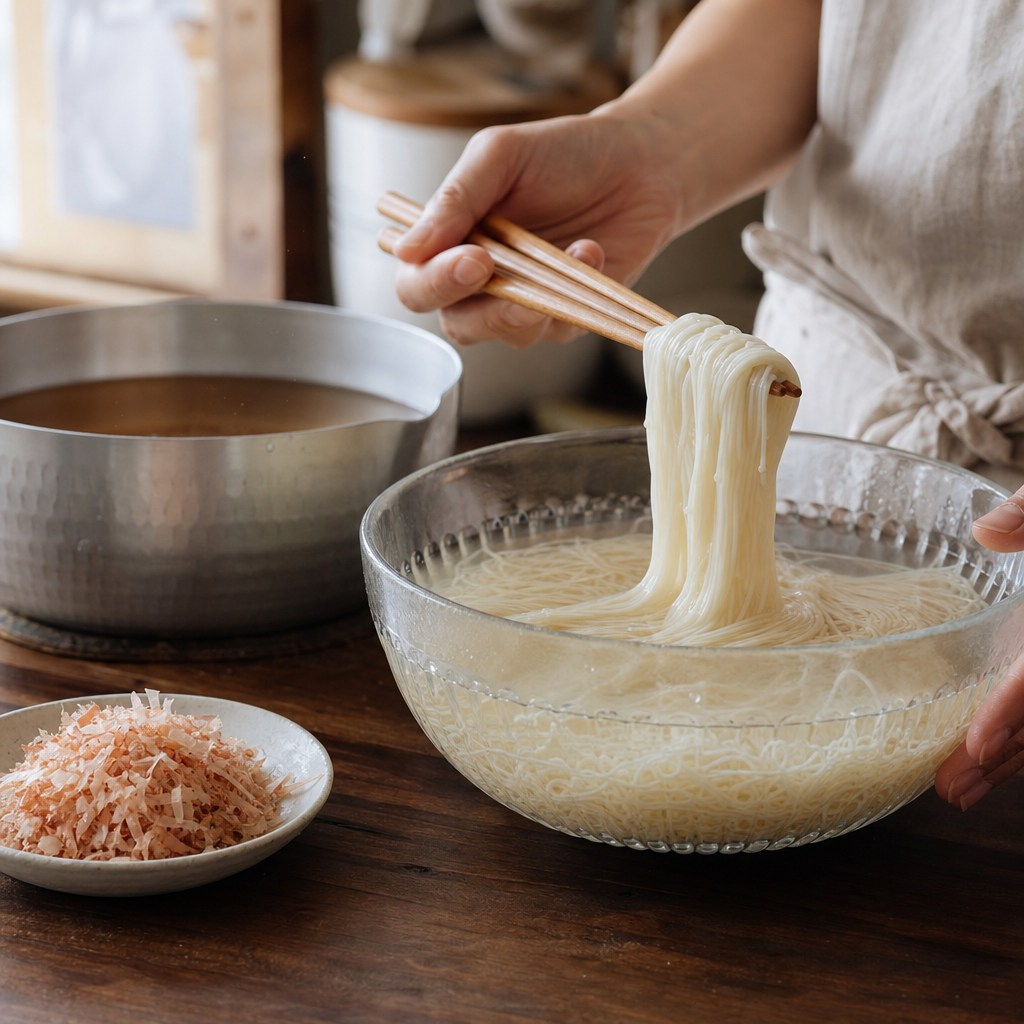 固まったそうめんは水で戻す