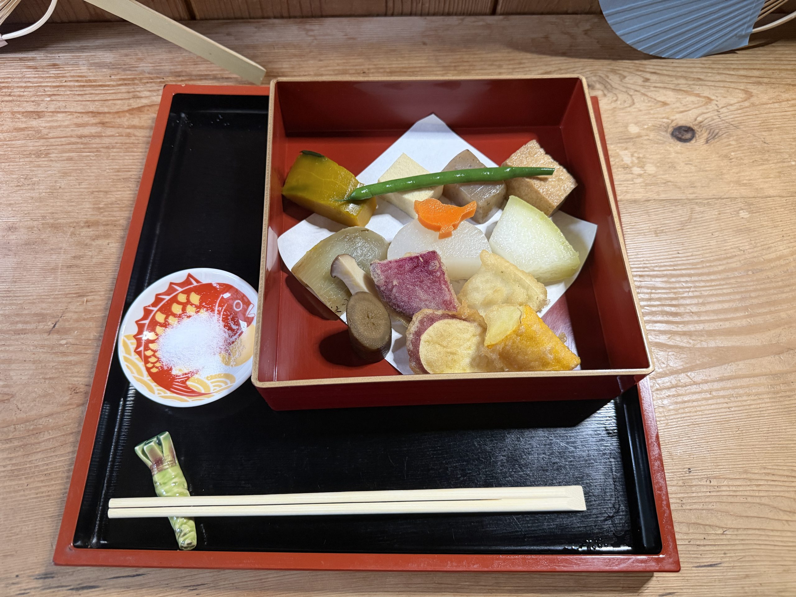 揚げ野菜や煮物が重箱に盛られた御膳の一部。