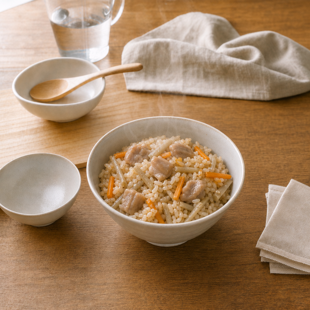 だし炊き鶏ごぼうごはんの完成写真