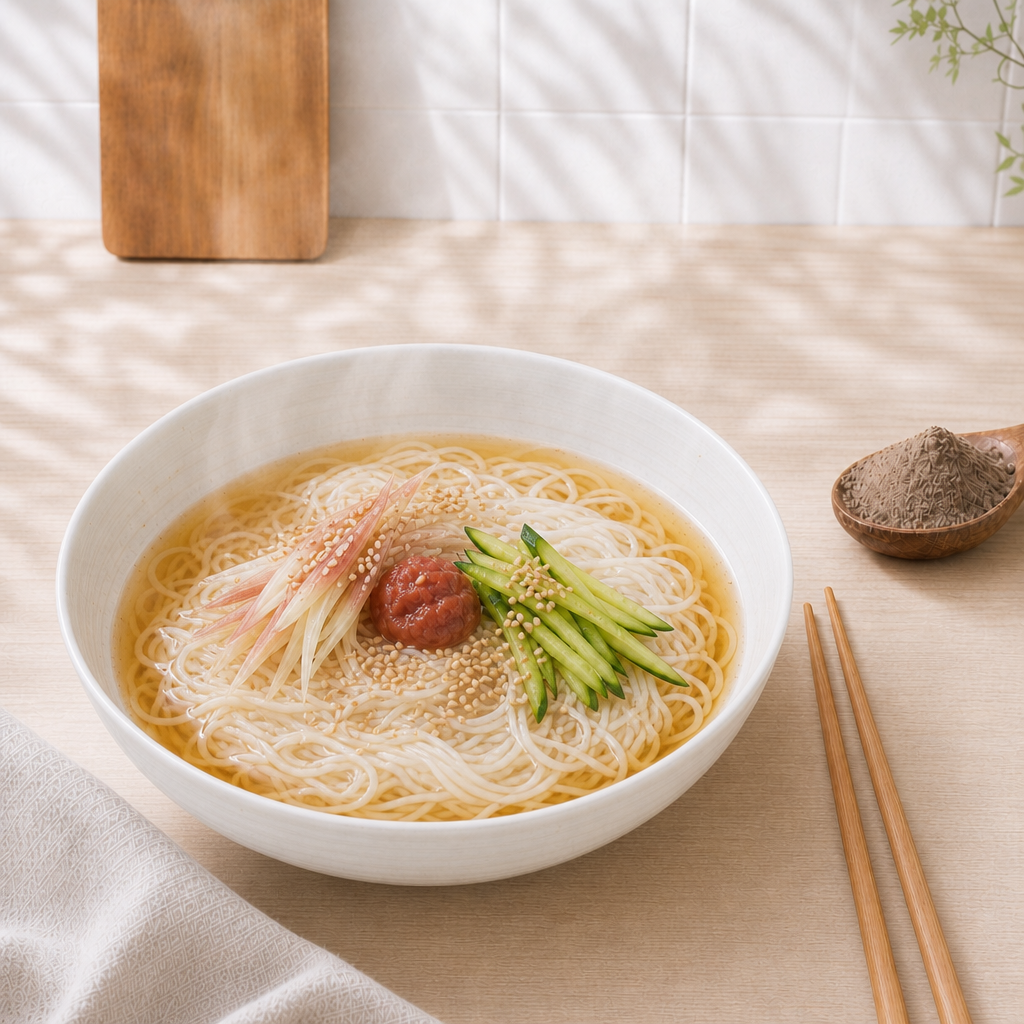 冷やしだしそうめんの梅みょうがのせの完成写真