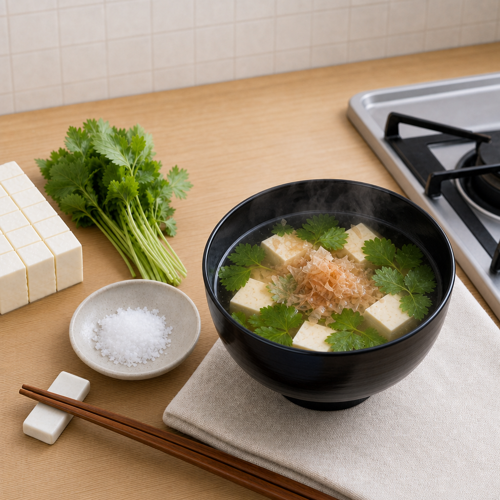 豆腐と三つ葉のまぐろ節お吸い物の完成写真