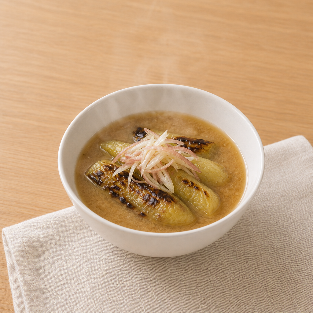焼きなすとみょうがの香ばし味噌汁の完成写真