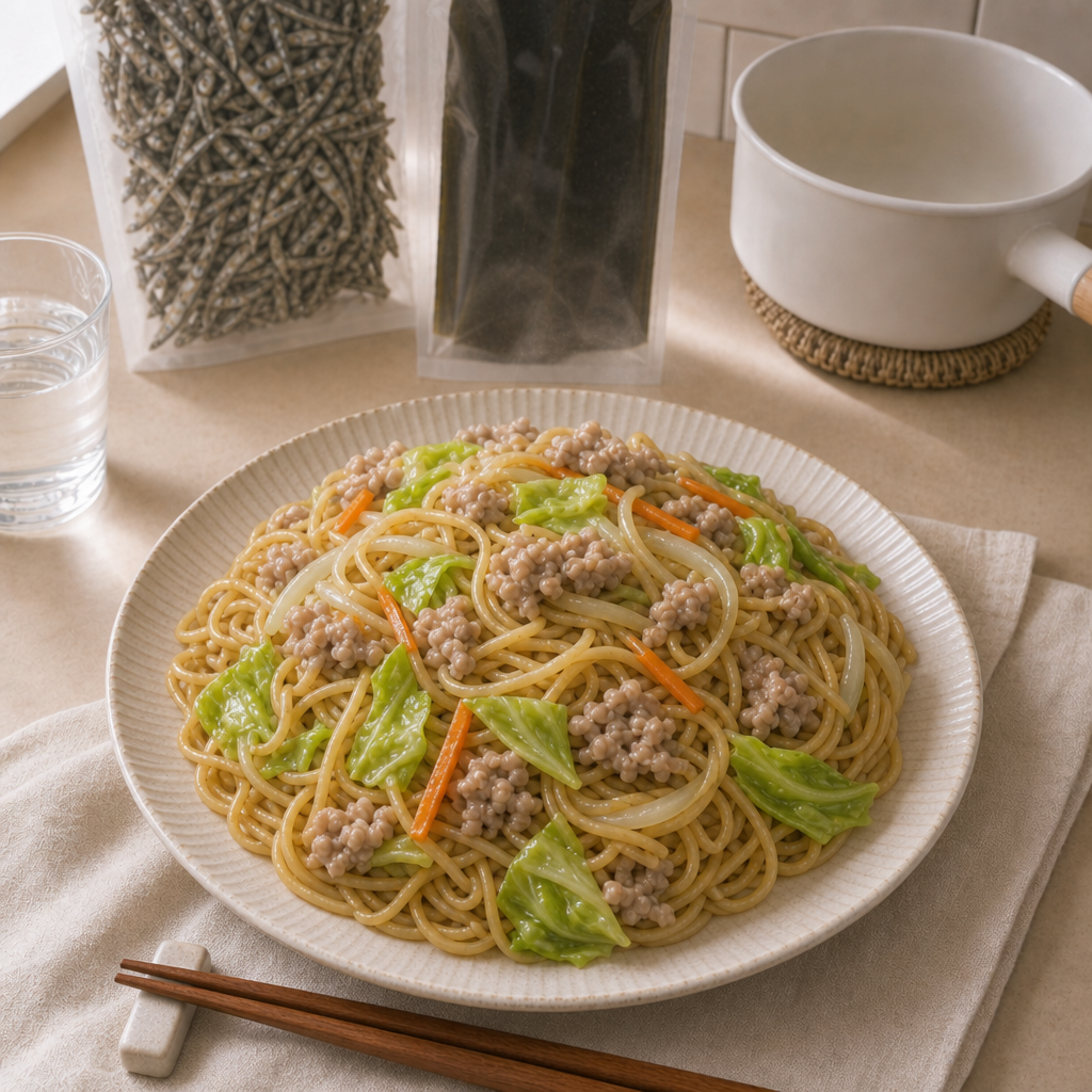 いりこ昆布だしの和風塩焼きそばの完成写真