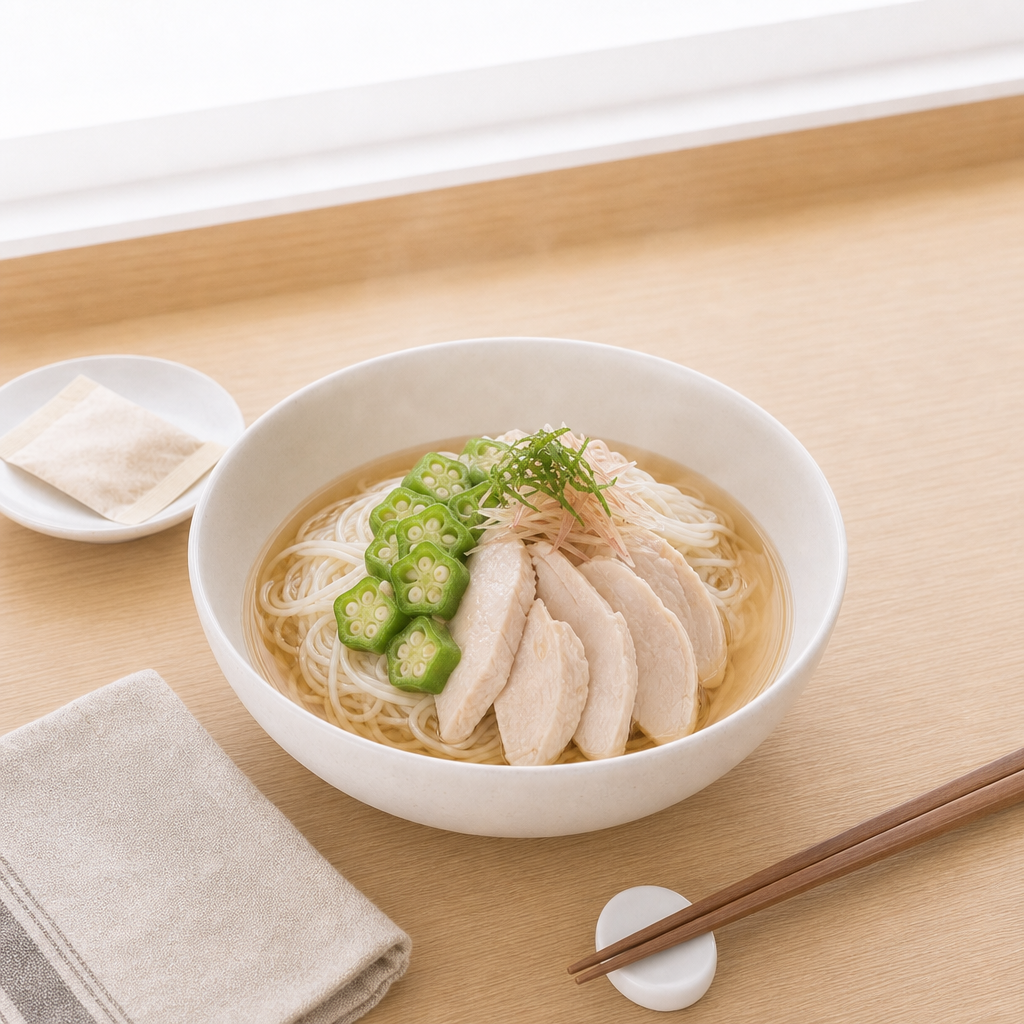 冷やしだしの鶏しゃぶとオクラそうめんの完成写真